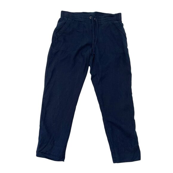 Athleta 100% Linen Pull-On Drawstring Ankle Pants Navy Blue size 12 TALL - Picture 1 of 8